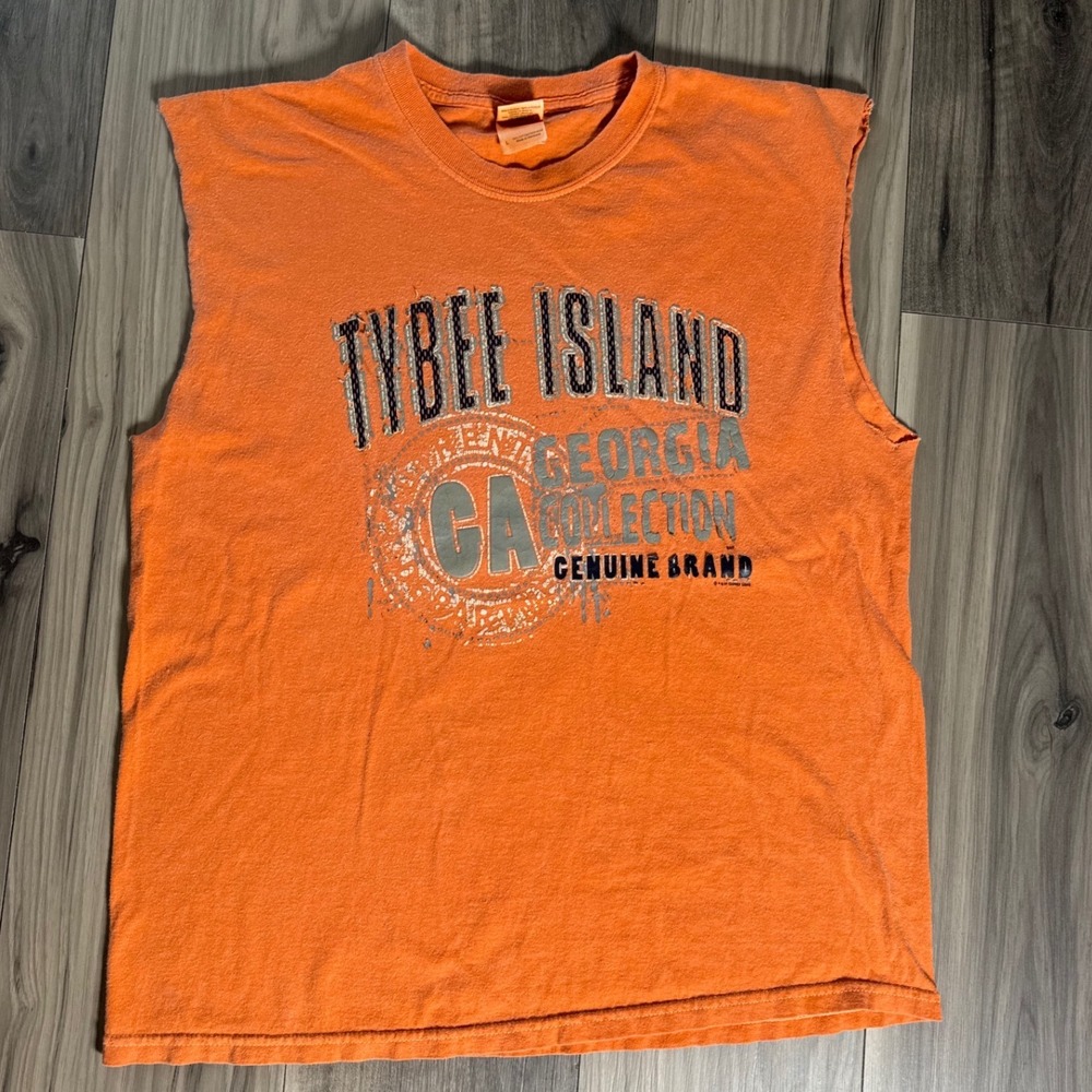 Tybee Island Georgia Souvenir Muscle Tee Orange Graphic Cut Off Shirt Large